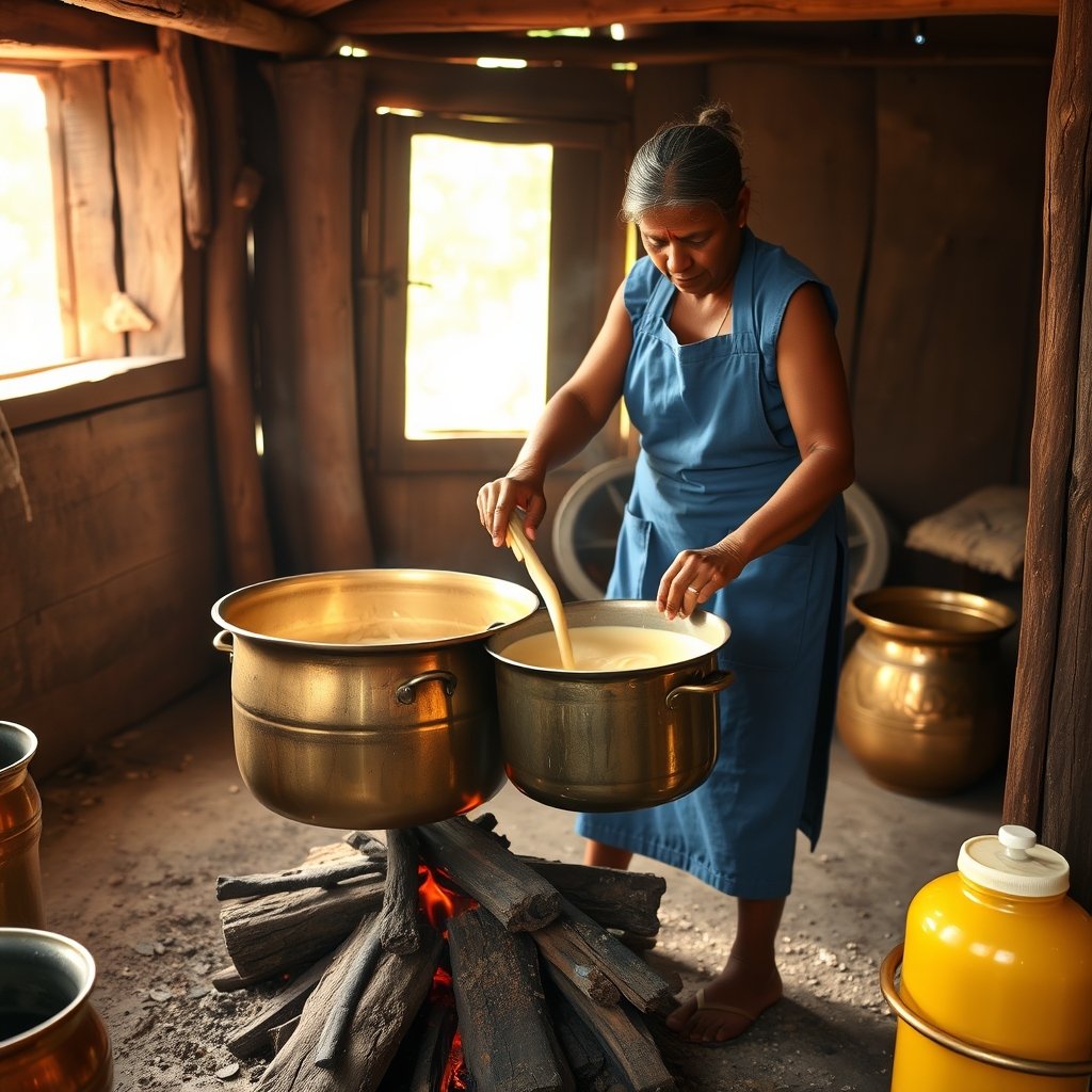 A wooden bilona churner resting inside an earthen pot of curd in a traditional Indian dairy.