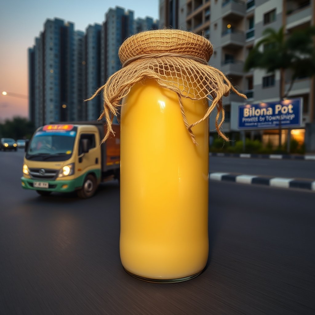 A golden heap of grainy A2 bilona ghee in a traditional clay pot kept on a kitchen counter.