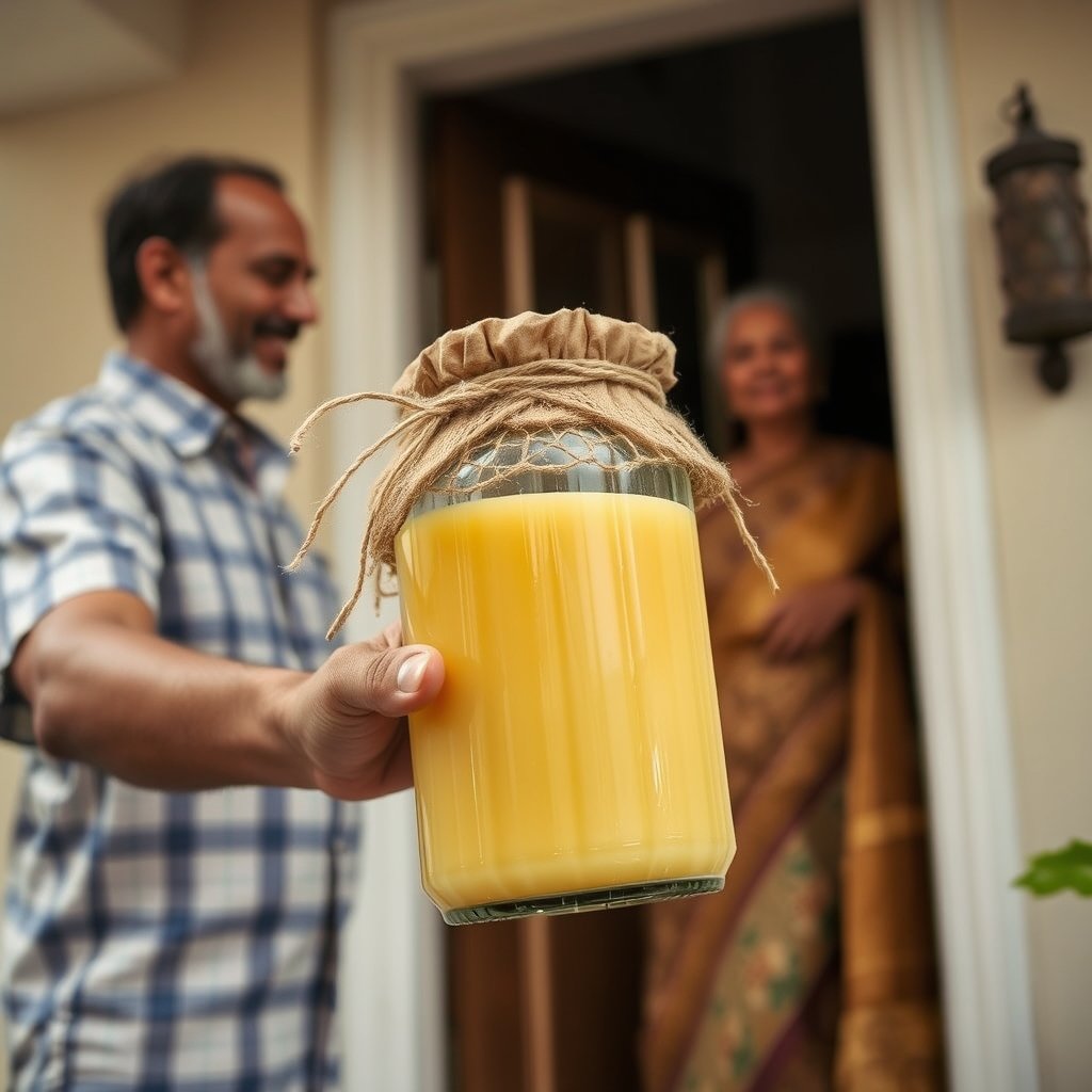 A glass jar of golden A2 Gir cow bilona ghee on a wooden kitchen counter in Gurgaon