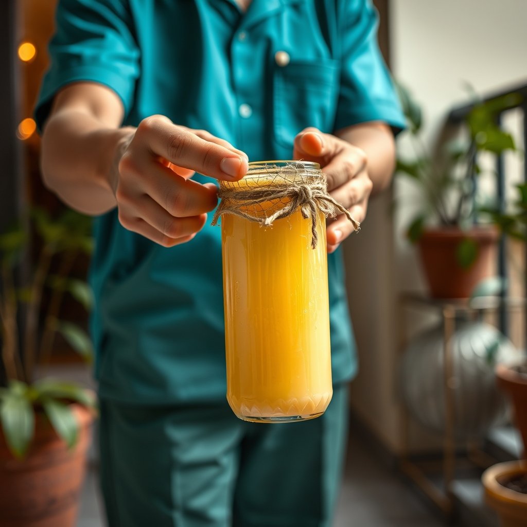 A glass jar of golden grainy A2 bilona ghee placed on a marble kitchen counter in a South Delhi home.