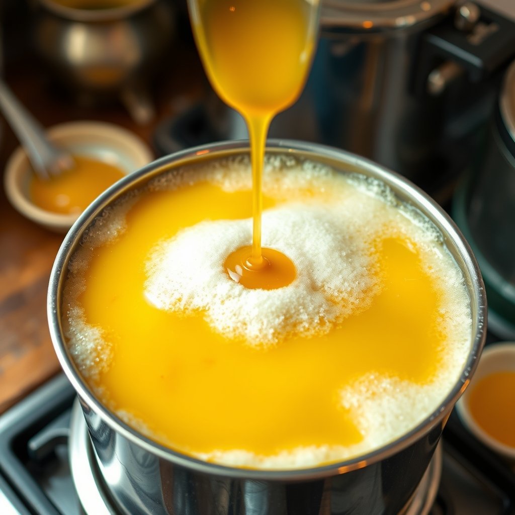 A spoonful of golden bilona ghee being dropped into raw yellow lentils and water in a cooking pot