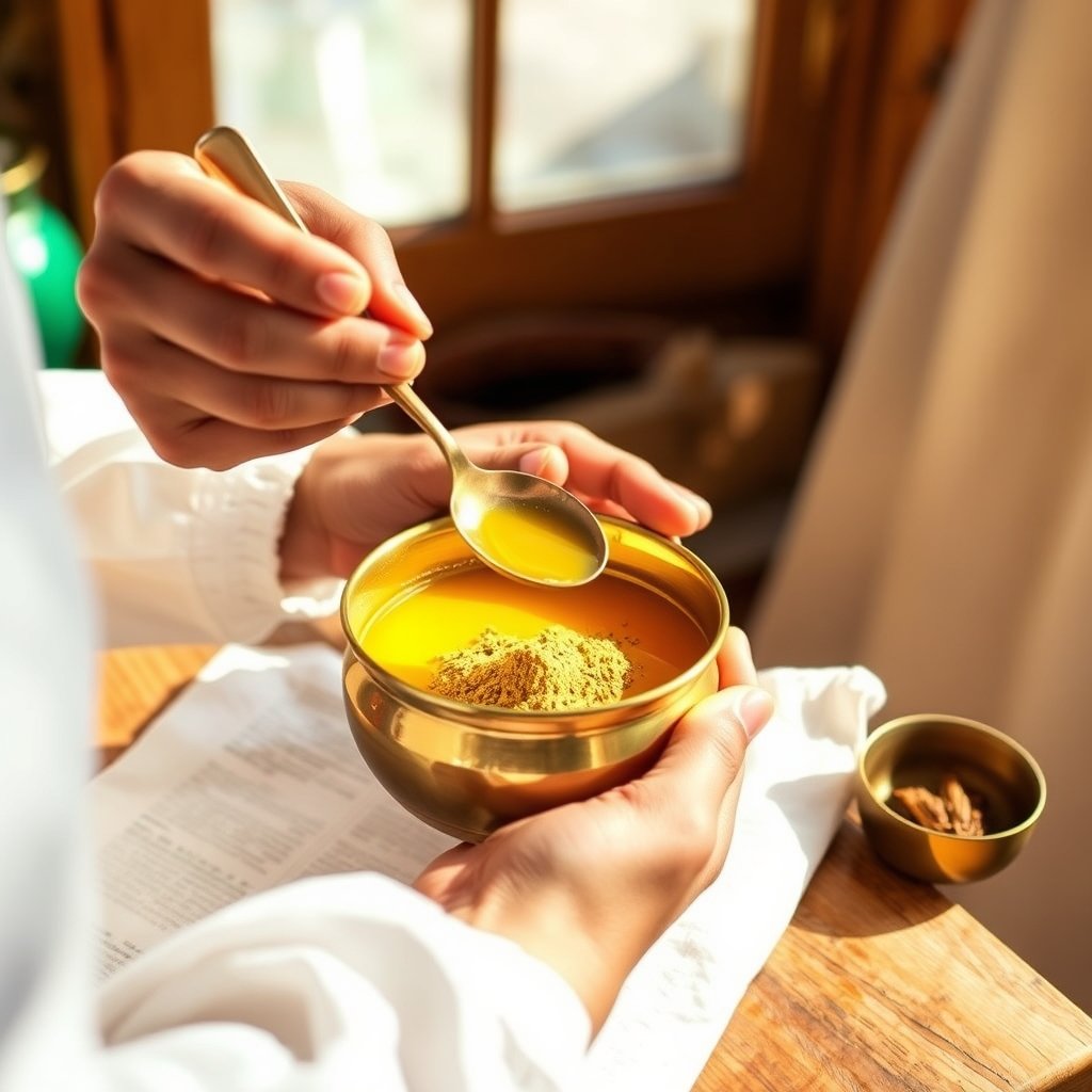 A spoonful of golden bilona ghee being stirred into warm milk with ground spices in a traditional kitchen setting.