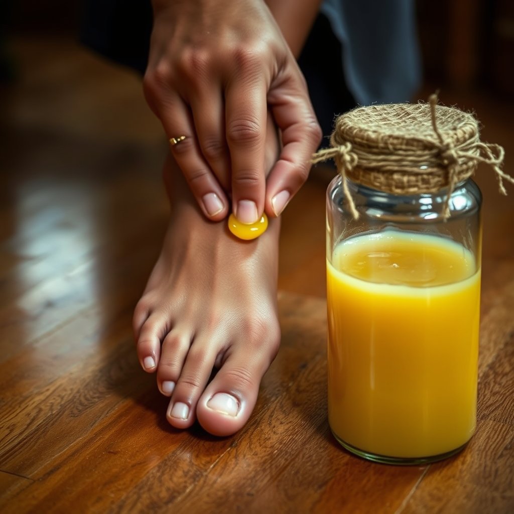Hands gently massaging warm golden bilona ghee onto the heel and sole of a foot beside a brass bowl