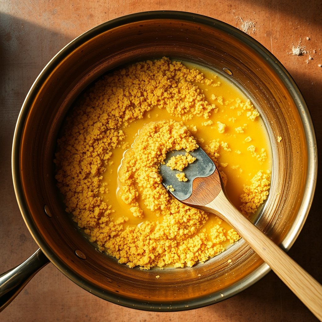 Golden besan ladoos stacked neatly on a bronze plate next to a jar of bilona ghee