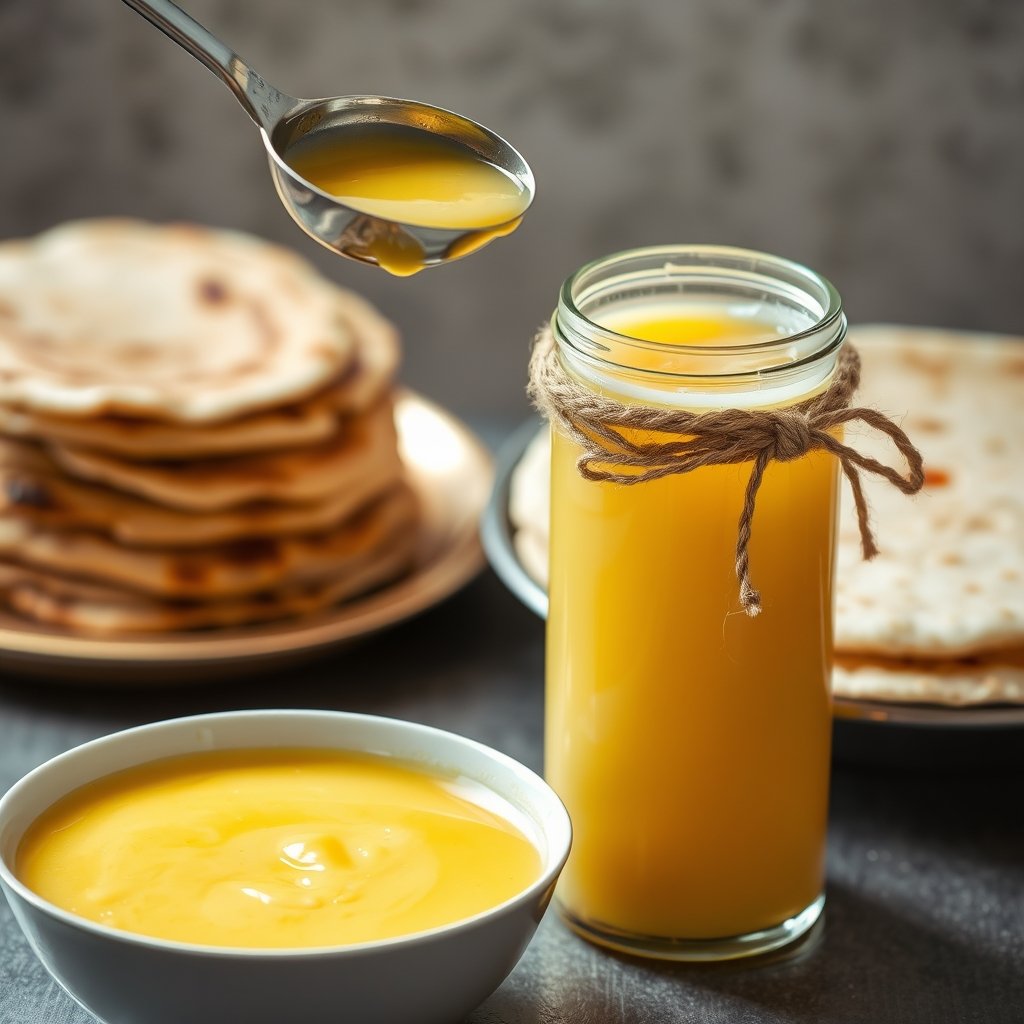 A stainless steel spoon lifting a portion of grainy yellow ghee from a glass jar next to a bowl of steaming dal.
