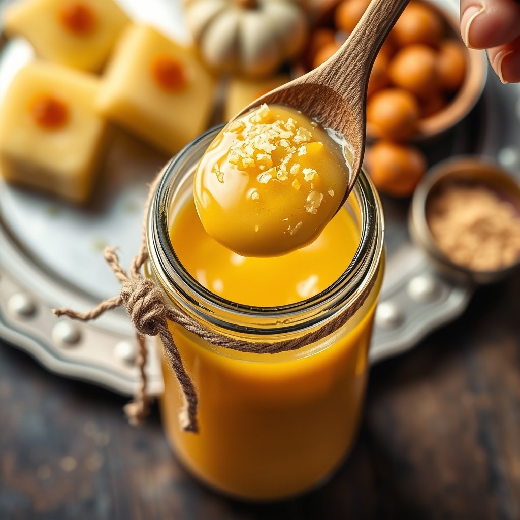 A bowl of golden, grainy A2 Gir cow ghee next to a plate of traditional Indian sweets.