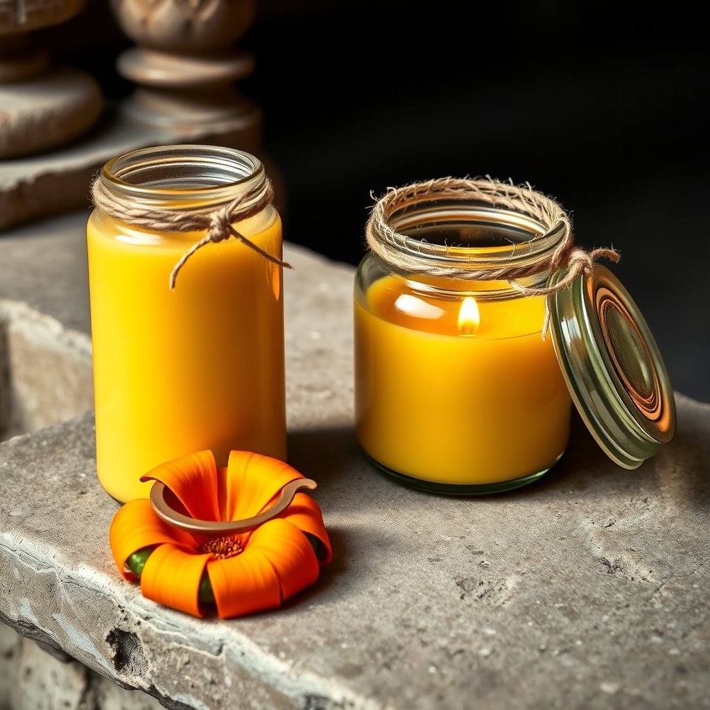 A brass diya burning brightly next to a small bowl of golden A2 Gir cow ghee on a wooden table.