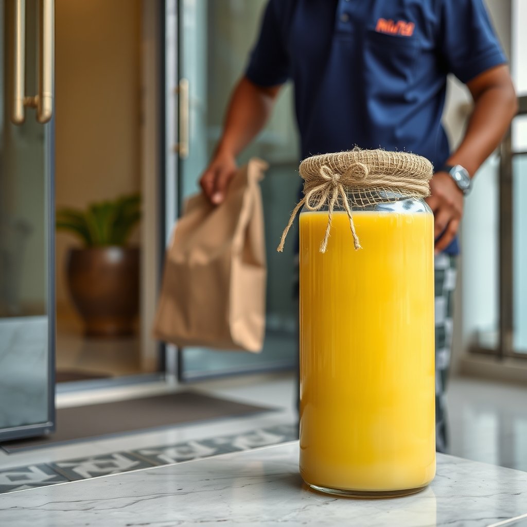 A glass jar of A2 Gir cow bilona ghee packed securely in a protective box on a wooden tabletop in a West Delhi home