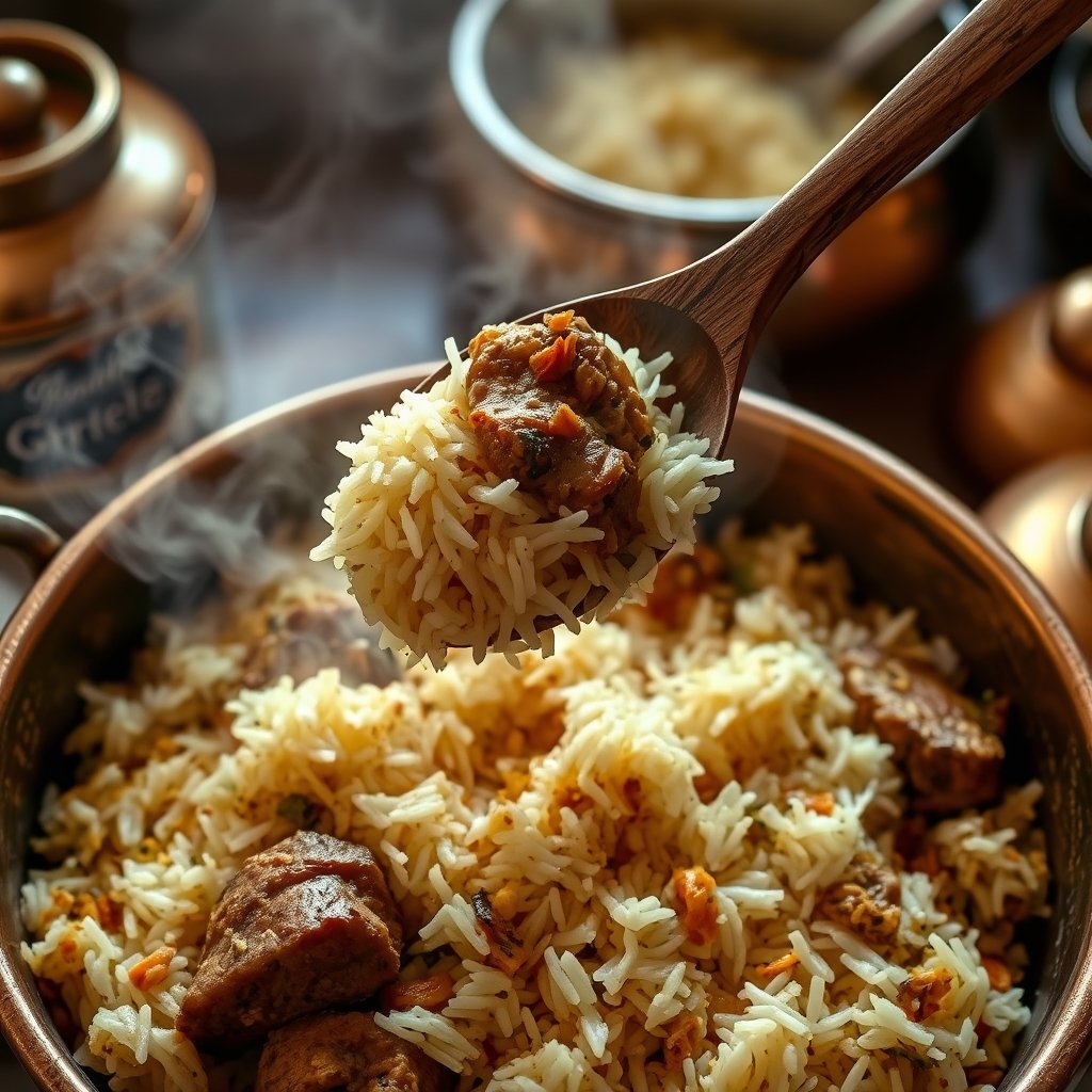 A steaming brass pot of layered dum biryani with long basmati grains glistening with warm golden ghee