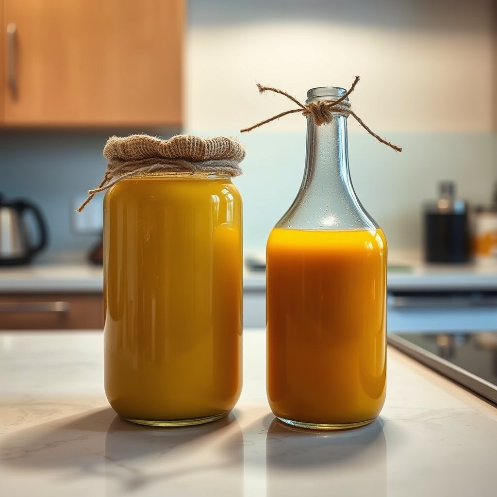 A sealed commercial glass jar of ghee beside an earthenware pot of fresh local bilona ghee on a wooden kitchen counter