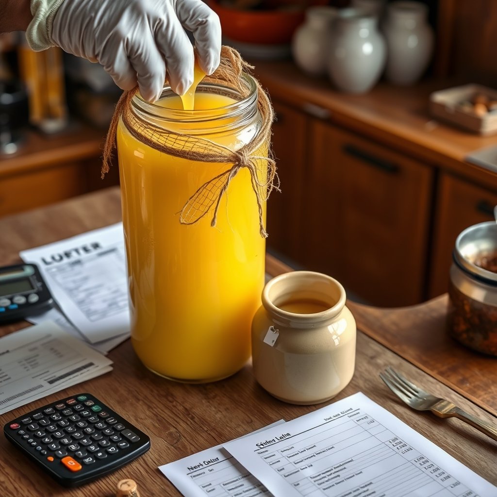 A large 5-liter traditional container of golden A2 Gir cow ghee sitting on a wooden kitchen counter next to a smaller decanting jar.