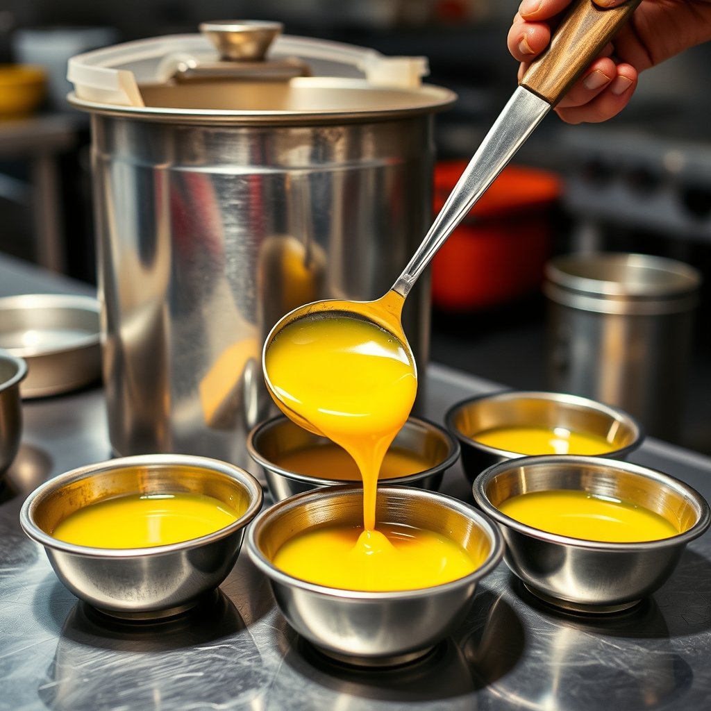 Large stainless steel containers of fresh A2 bilona ghee stored neatly on pantry shelves in a commercial mess kitchen.