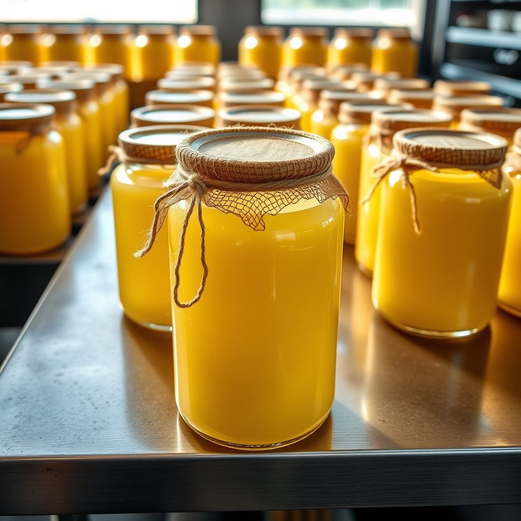 Sealed glass jars of traditional A2 bilona ghee lined up for restaurant kitchen dispatch.