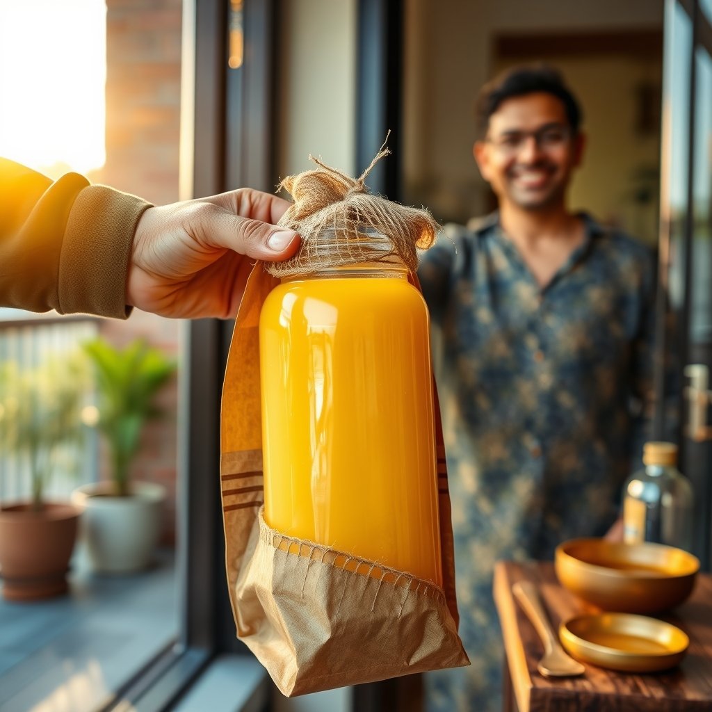 A glass jar of golden granular A2 bilona cow ghee on a wooden kitchen table