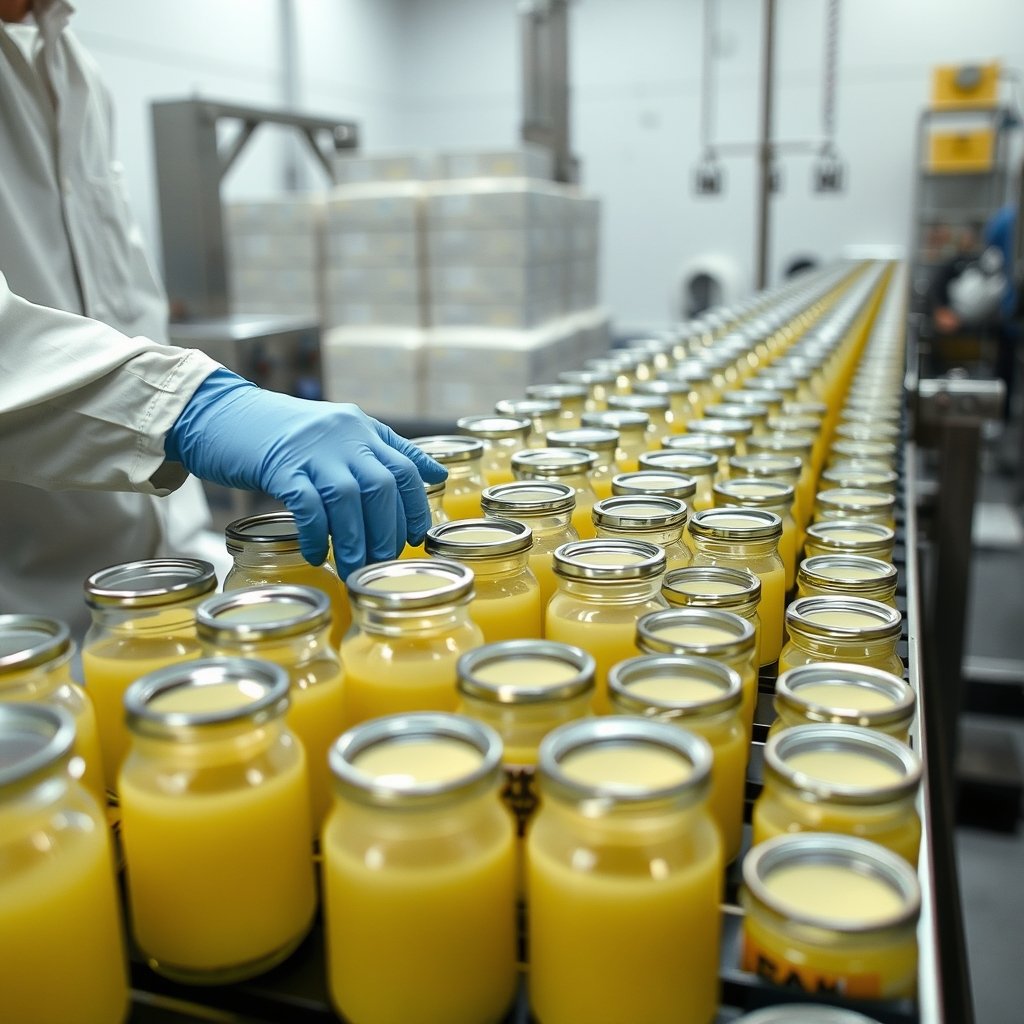 Labelled glass jars of golden bilona ghee packed in wholesale cartons for retail distribution