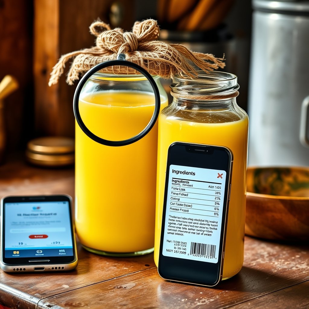 A glass jar of golden granular A2 Gir cow ghee resting on a wooden Indian kitchen counter beside a brass churner.