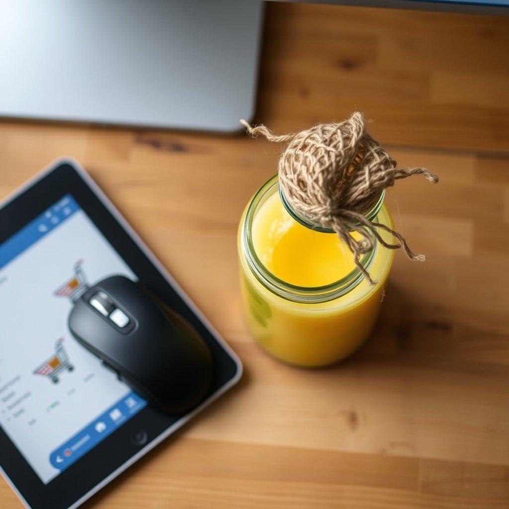 A small open glass jar of grainy golden bilona ghee sitting next to an Indian brass spoon on a wooden kitchen counter.
