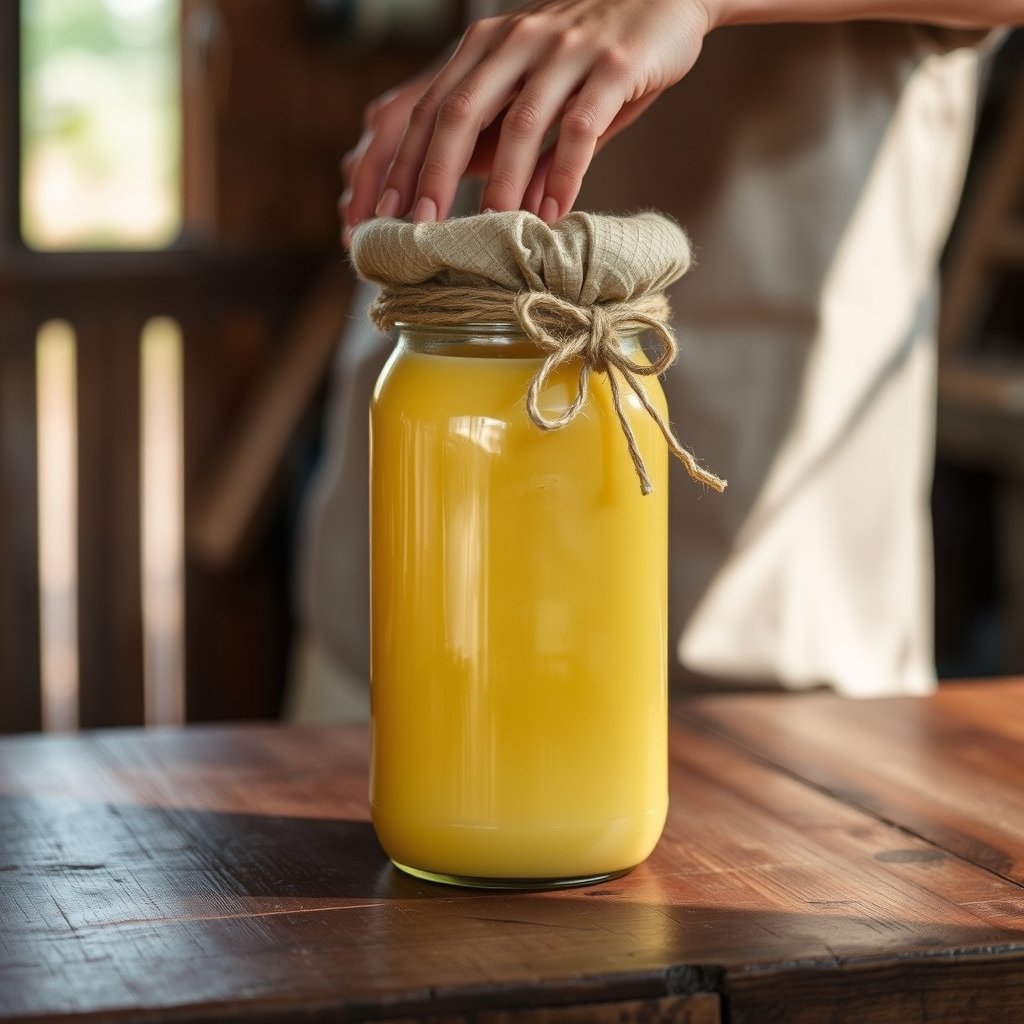 Freshly poured bilona ghee showing rich golden color and natural granular texture inside an open glass jar.