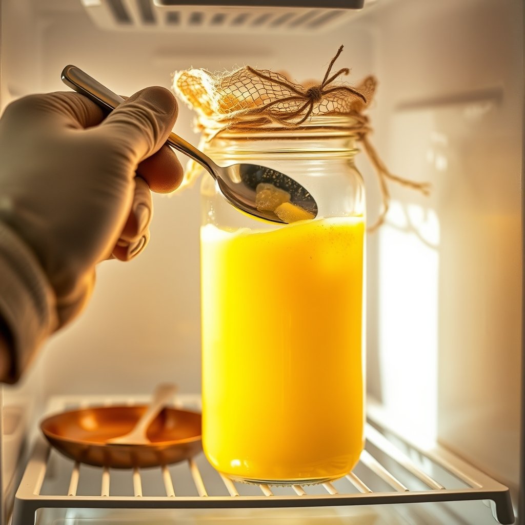 Glass jar of golden bilona ghee stored on a wooden pantry shelf beside a traditional clay pot