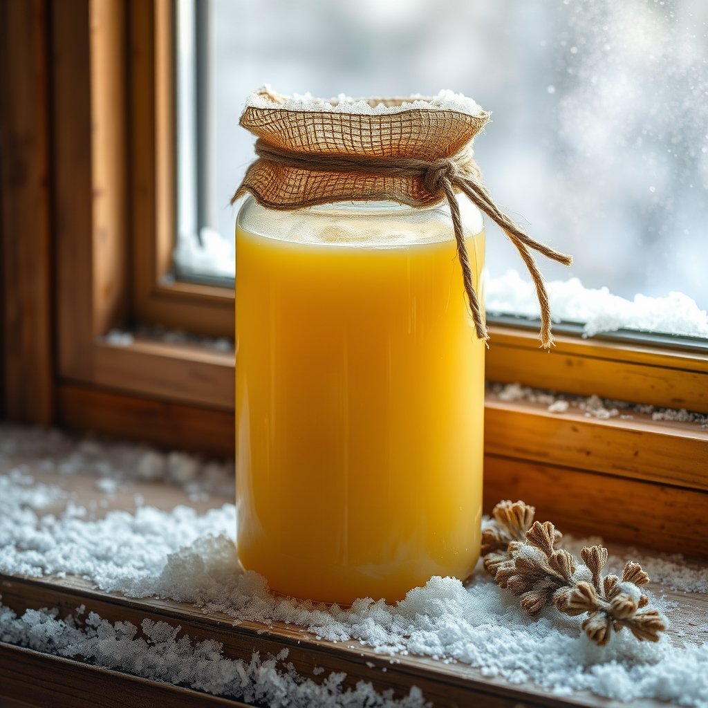 A clear glass jar of golden A2 Gir cow bilona ghee sitting beside small frozen portion cubes on a wooden table