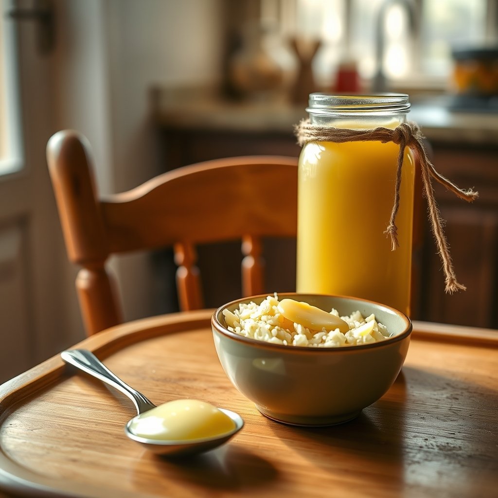 Mother scooping a small spoonful of golden bilona ghee from a glass jar into a bowl of warm toddler khichdi