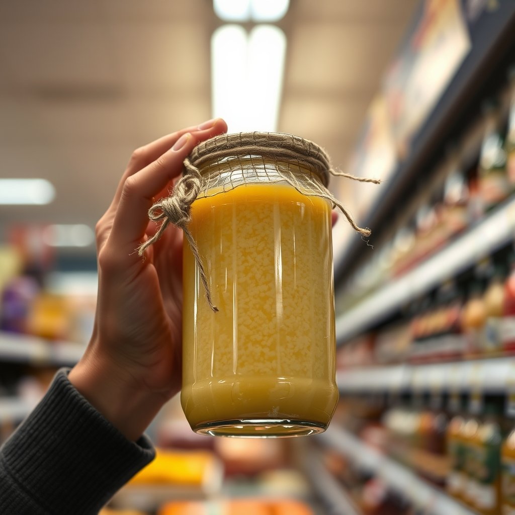 Two glass jars of ghee being compared side by side on a wooden shelf, showing differences in texture and label details.