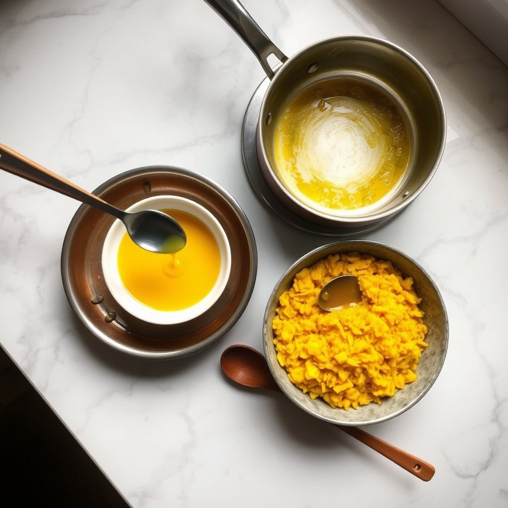 A close up of a wooden spoon dipping into a jar of grainy, golden A2 bilona ghee next to a bowl of hot dal.
