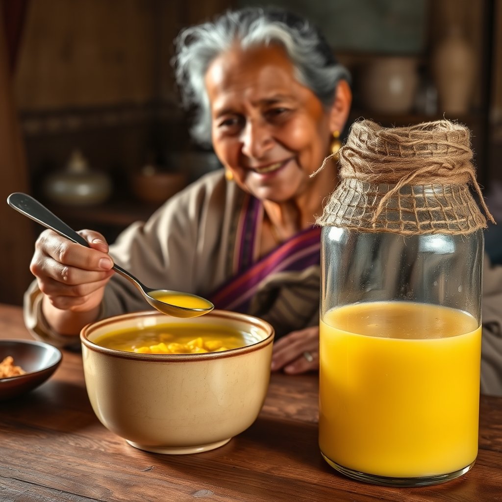 A small brass bowl filled with golden A2 Gir cow ghee alongside a bowl of warm dal and a soft roti.