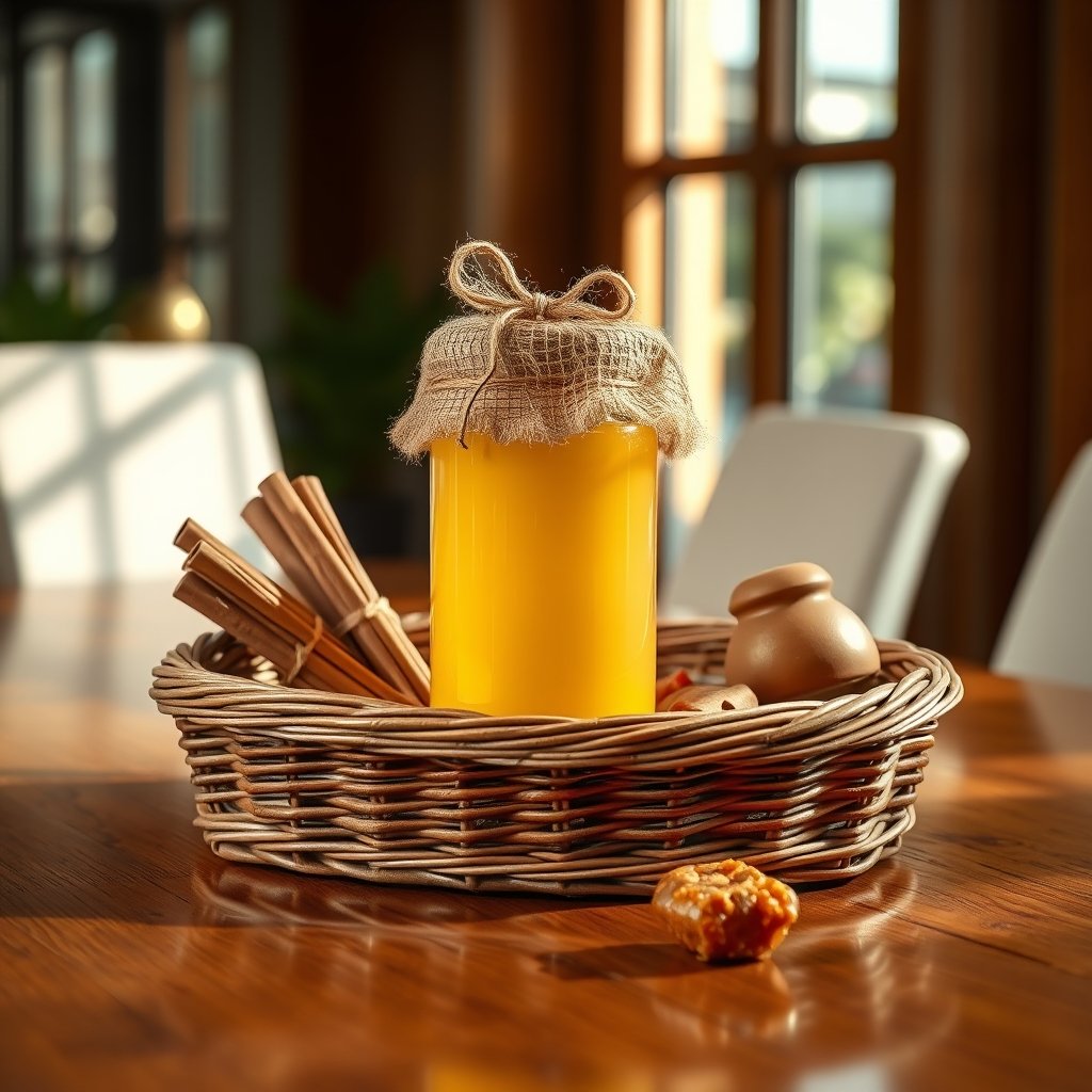 A festive wooden corporate gift box packed with glass jars of golden bilona cow ghee, wild raw honey, and whole Indian spices.