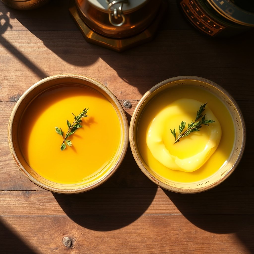 Golden A2 Gir cow bilona ghee in a traditional clay pot alongside a rustic bowl of goat ghee on a wooden kitchen counter.