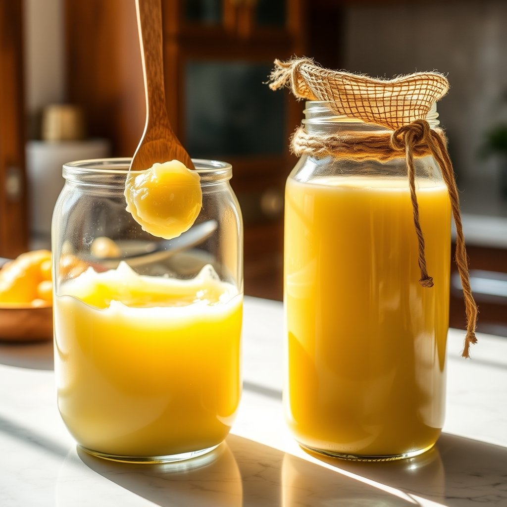 Golden cultured A2 Gir cow ghee in a jar placed next to a traditional earthen curd pot with a wooden bilona churn.
