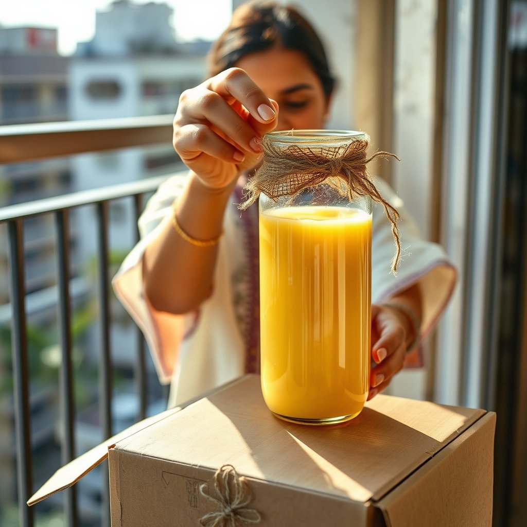 A sealed glass jar of traditional bilona ghee resting on a clean wooden packing table ready for shipping