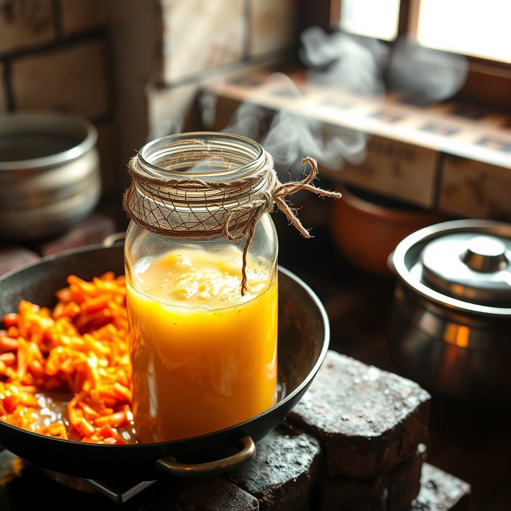A cast iron vessel filled with golden sarson ka saag topped with a spoonful of granular A2 bilona ghee in a winter kitchen.