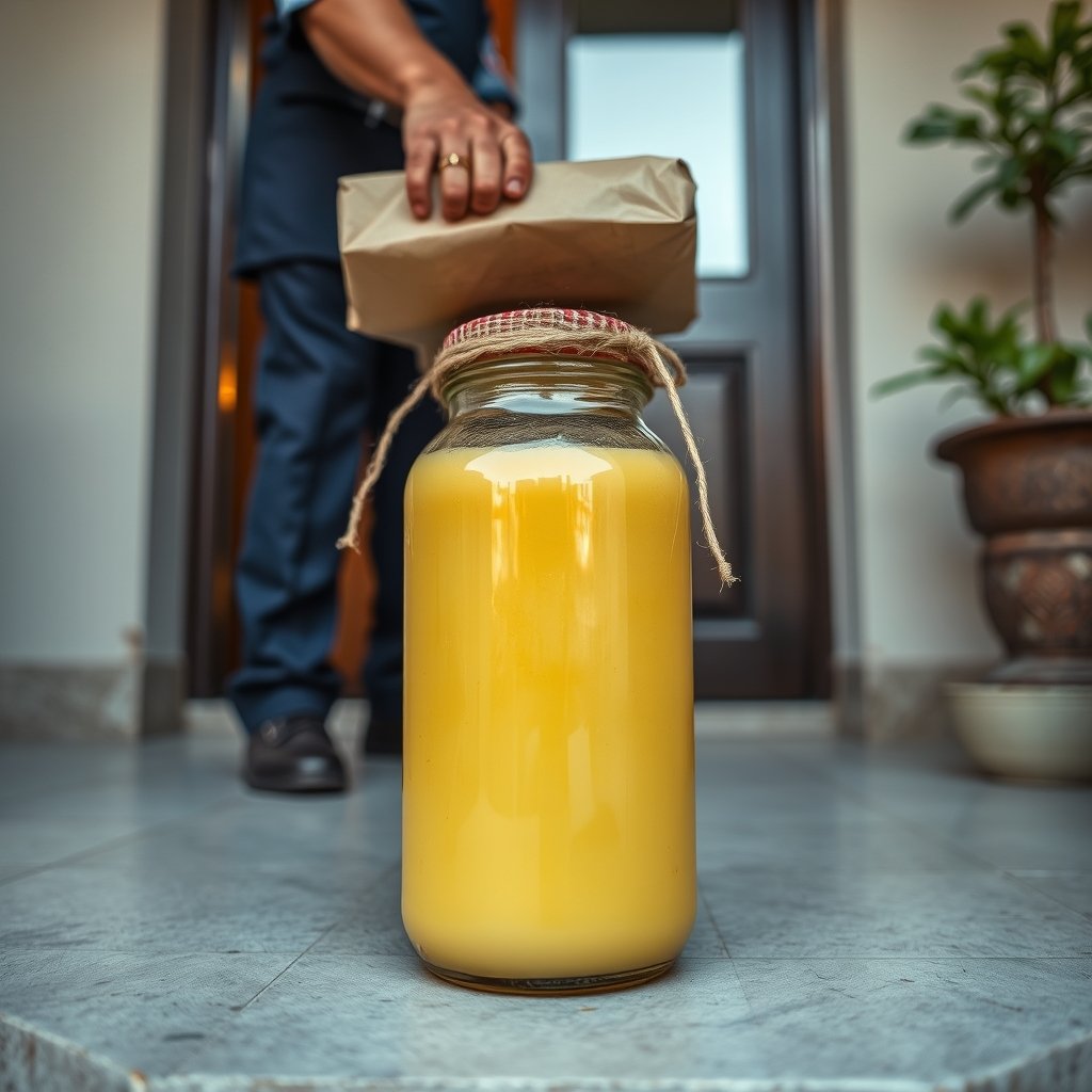 A heavy glass jar of grainy A2 Gir cow bilona ghee sitting on a wooden kitchen counter in an NCR home.