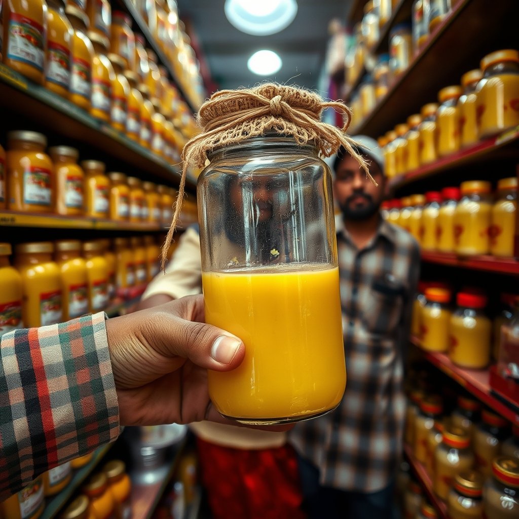 A glass jar of grainy golden bilona ghee resting on a wooden kitchen counter in an Indian home