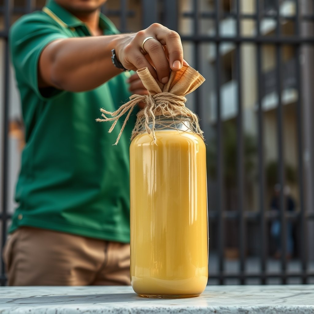 A glass jar of golden grainy bilona ghee sitting on a wooden kitchen counter