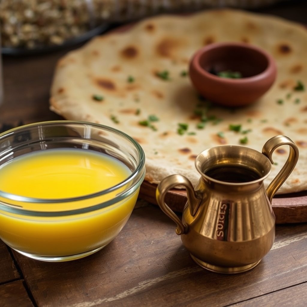 A wooden bilona churn resting beside two glass jars of golden grainy ghee on a rustic kitchen counter