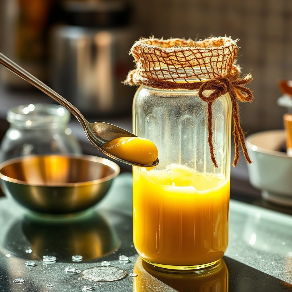 A glass jar of grainy A2 Gir cow ghee sitting on a wooden shelf in a sunlit Indian kitchen.