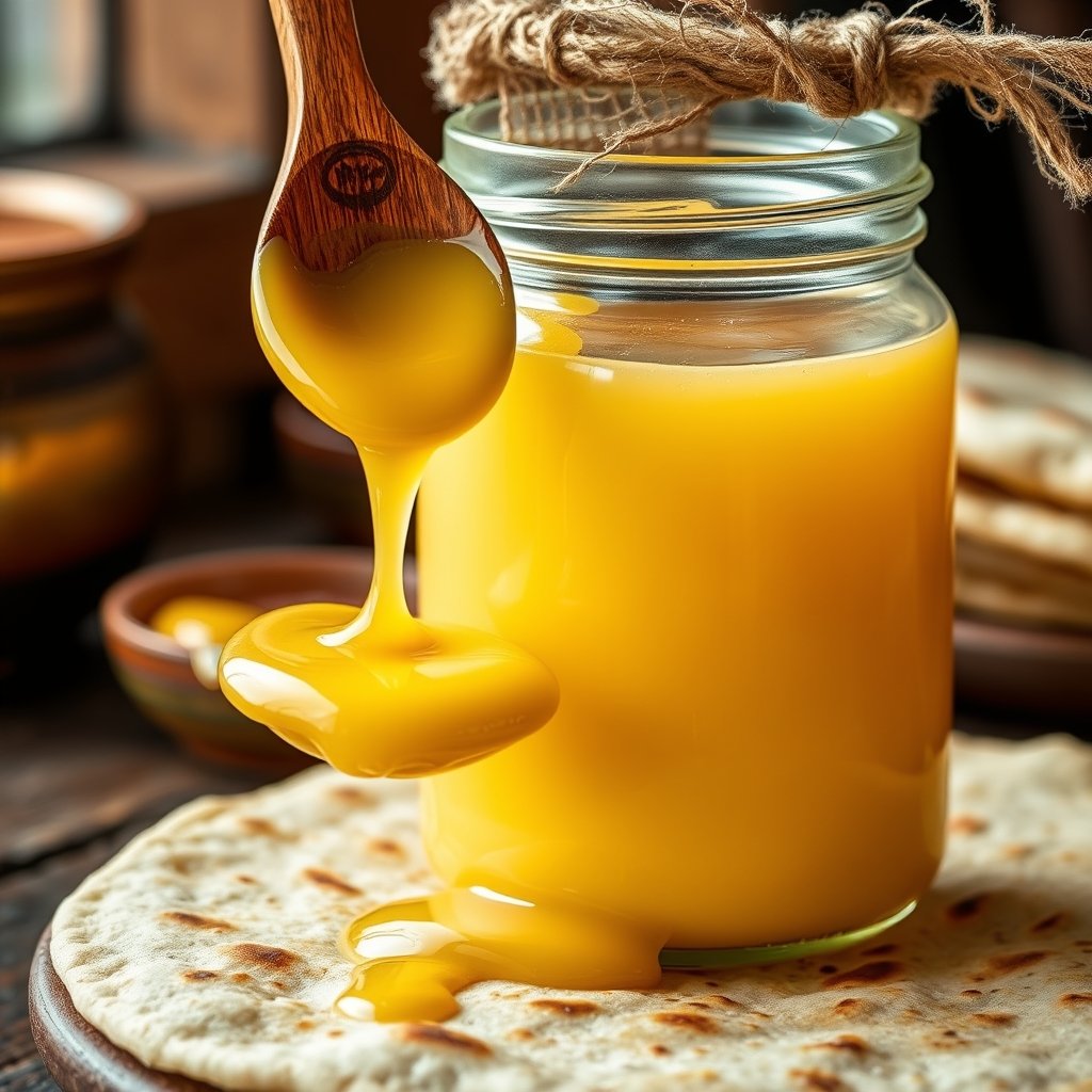 Pure golden bilona A2 cow ghee served in a small brass vessel next to a dish of warm lentils