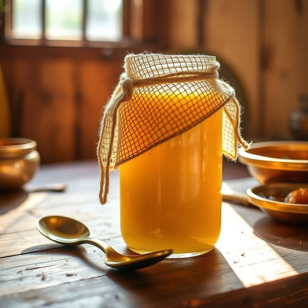 A glass jar of golden, grainy A2 Gir cow bilona ghee sitting on a rustic wooden kitchen counter next to whole Indian spices.