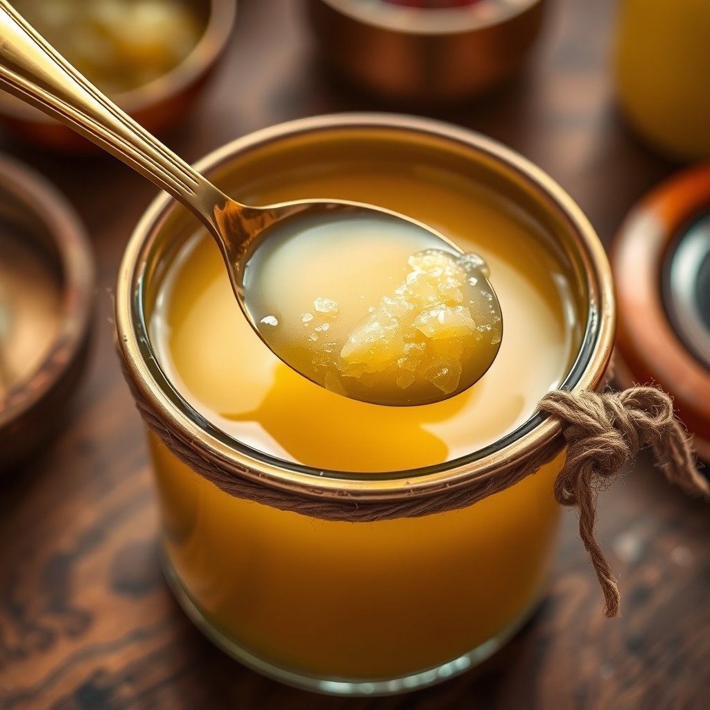 A wooden spoon scooping grainy golden A2 bilona ghee from a glass jar on a wooden kitchen table