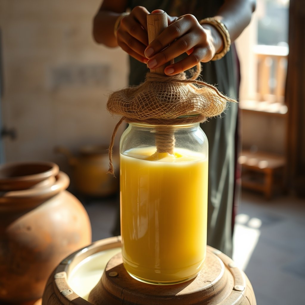 A traditional wooden bilona churn inside a rustic Indian kitchen with a terracotta pot of curd.