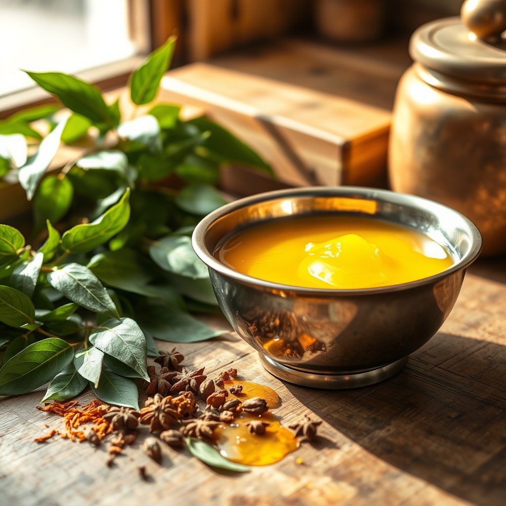 A glass jar of golden A2 Gir cow ghee next to a wooden spoon and fresh herbs on a wooden kitchen counter.