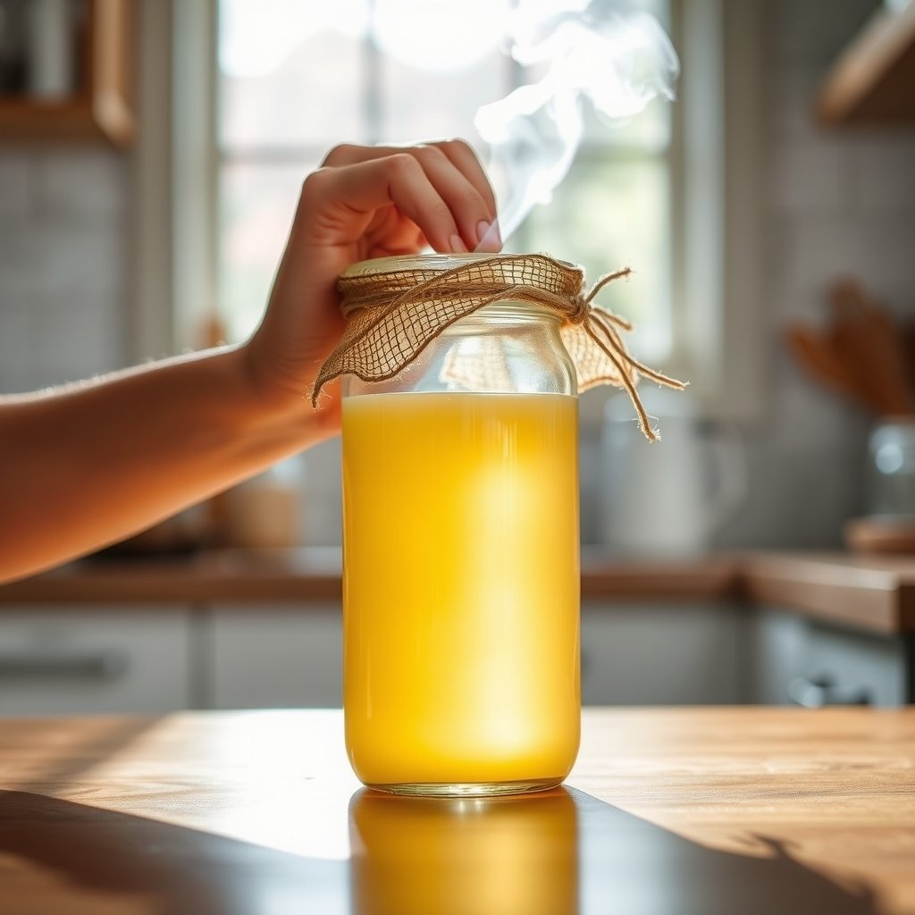 A glass jar of golden A2 Gir cow ghee opened next to a wooden spoon on a kitchen counter