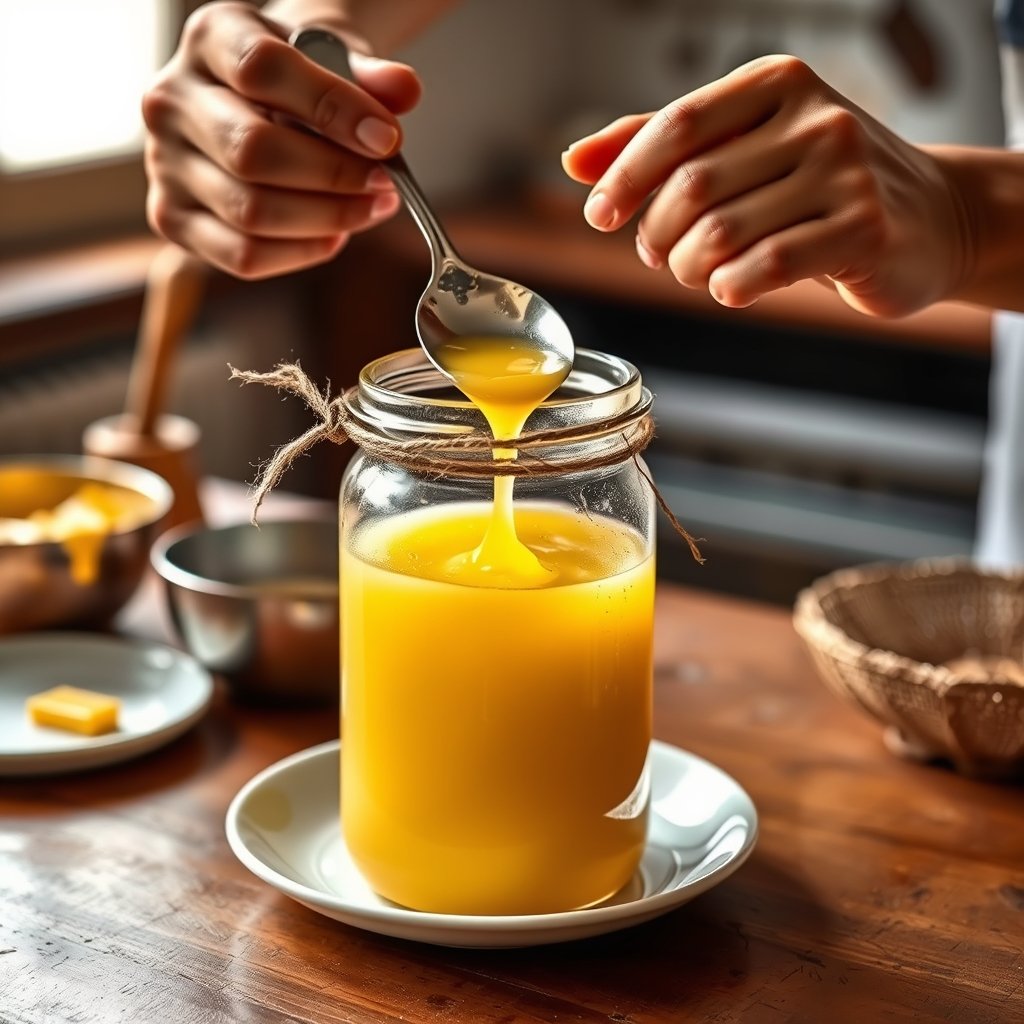 A glass jar of golden grainy A2 bilona ghee resting on a wooden kitchen counter alongside a brass spoon