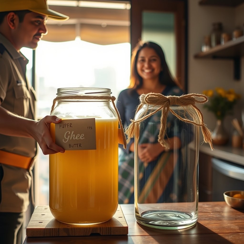 A carefully packed glass jar of golden A2 bilona ghee sitting on a wooden table beside an open cardboard shipping box.