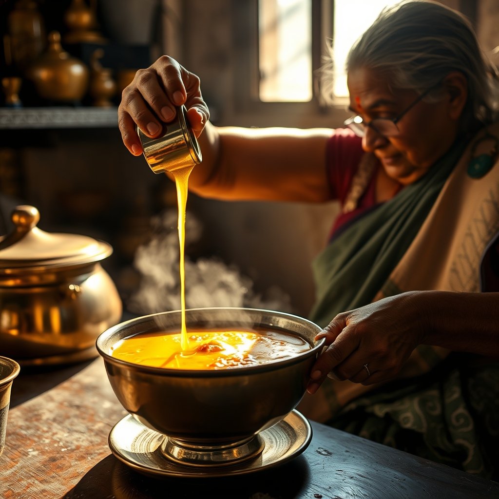 Warm golden bilona ghee drizzled from a brass spoon over a steaming bowl of homemade khichdi