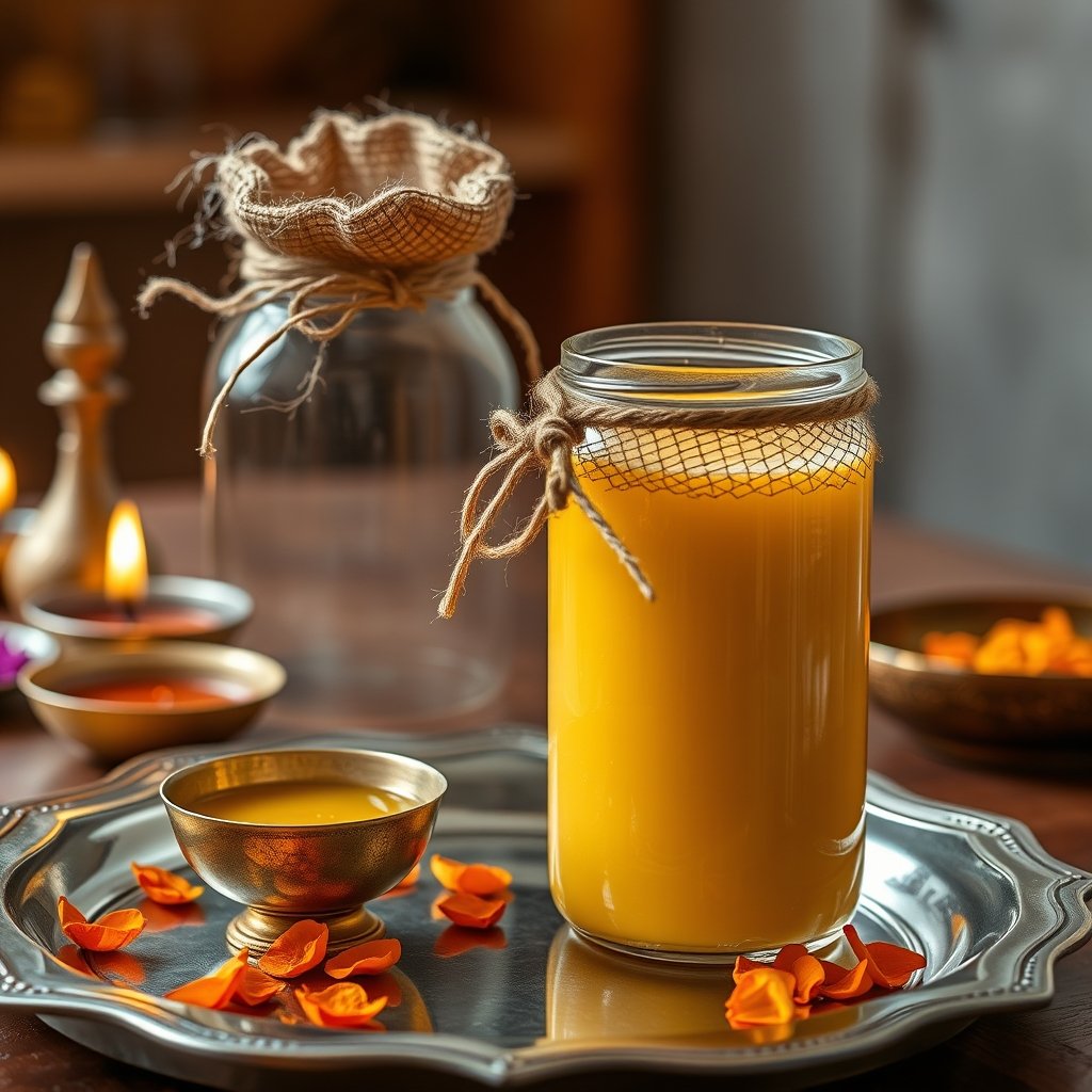 A glass jar of golden bilona ghee decorated with marigold flowers and clay diyas for Diwali gifting