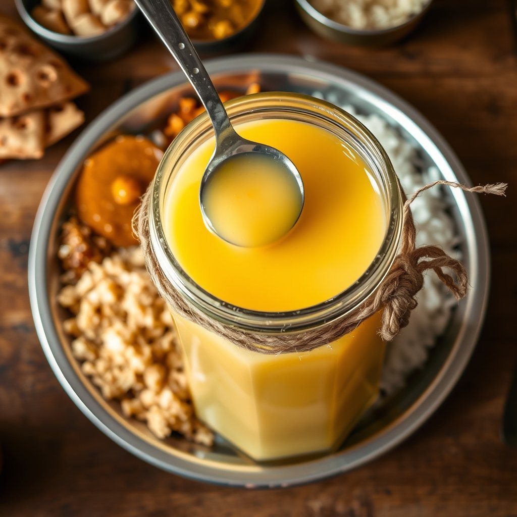 A glass jar of yellow, granular bilona ghee sitting on a wooden kitchen counter next to warm rotis