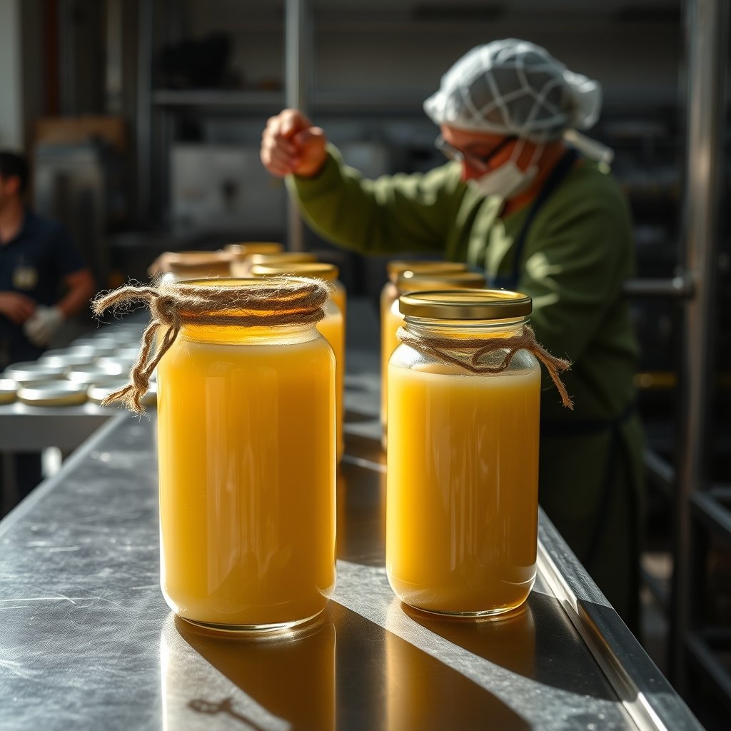 Glass jars of golden bilona ghee being sealed and batch coded during contract manufacturing packaging